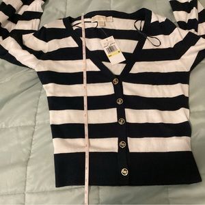 Michael Kors MK Cardigan Medium Sweater Blue White Long Sleeve Shirt Top NWT New